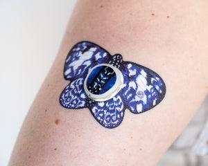 ExpressionMed, Blue Tie Dye Butterfly Dexcom G7 Transmitter Sticker, Single Butterfly Tape and Single Sticker, Arm Wearing Blue Tie Dye Butterfly Themed CGM Adhesive Patch Design