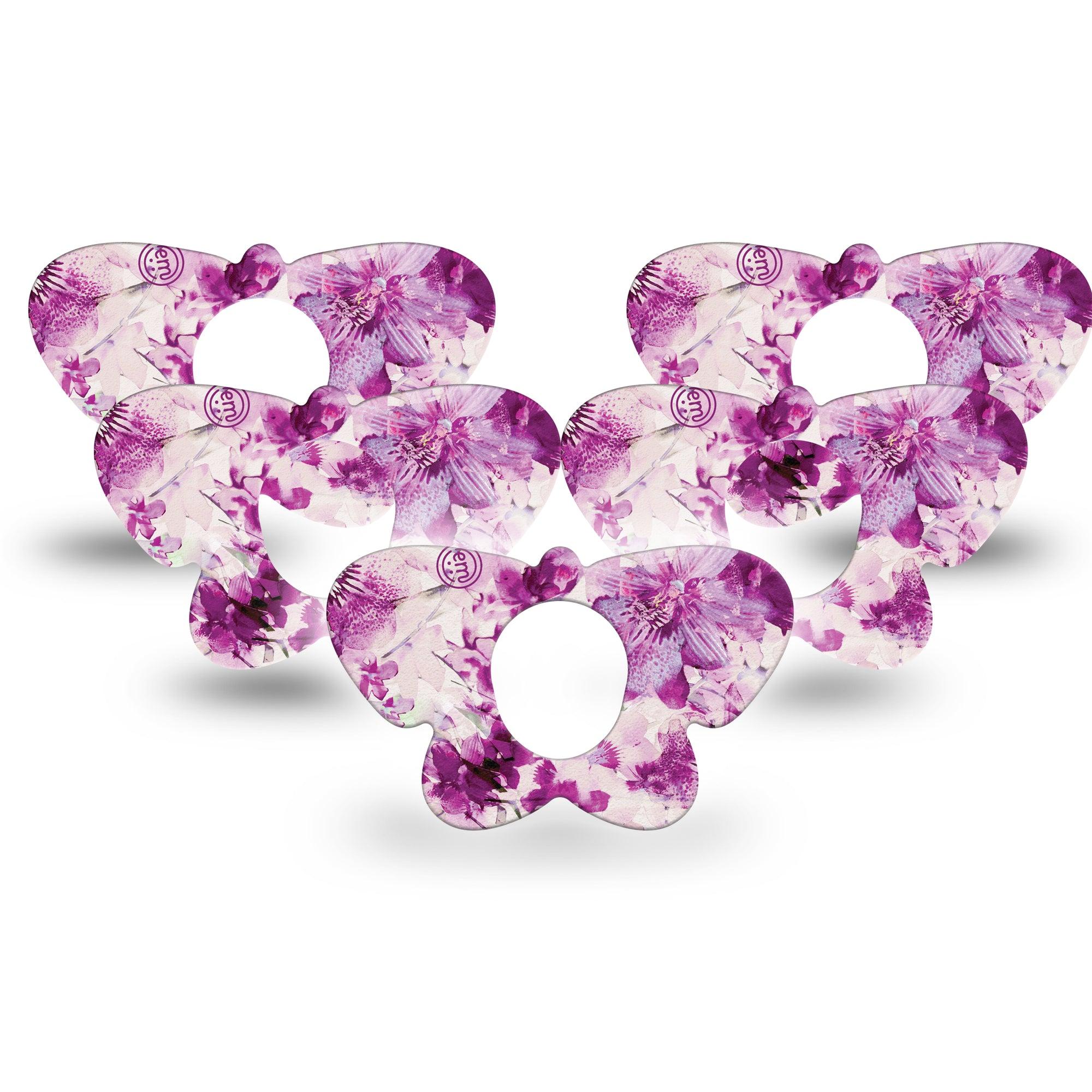 ExpressionMed Violet Orchids Butterfly Dexcom G7 Tape, 5-Pack, Magenta Flower Themed, CGM Overlay Patch Design