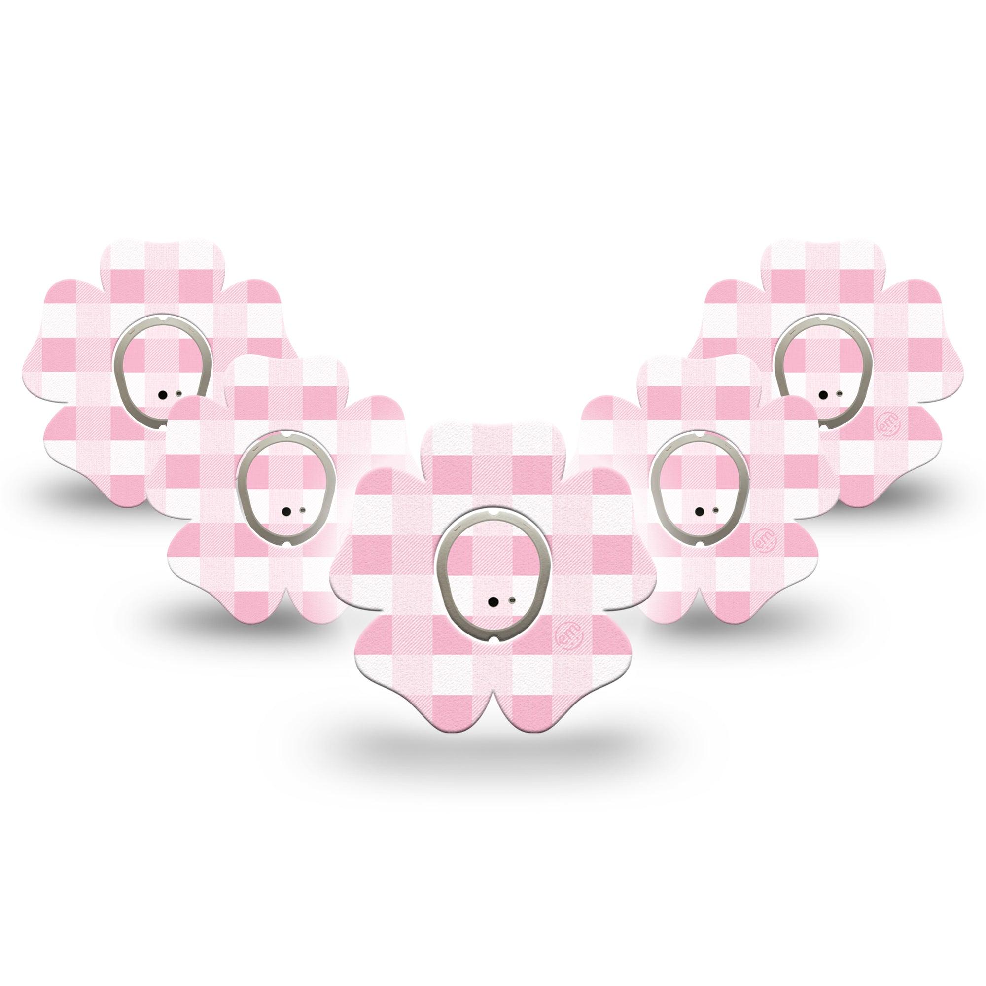 ExpressionMed Pink Gingham Dexcom G7 Flower Shape Tape, Dexcom Stelo Glucose Biosensor System, 5-Pack Tape & 5-Pack Sticker Soft Check, Adhesive Tape CGM Design