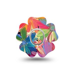 ExpressionMed Flower Song Dexcom G7 Flower Shape Single Colorful Abstract by Etta Vee Patch CGM Design, Dexcom Stelo Glucose Biosensor System with center sticker