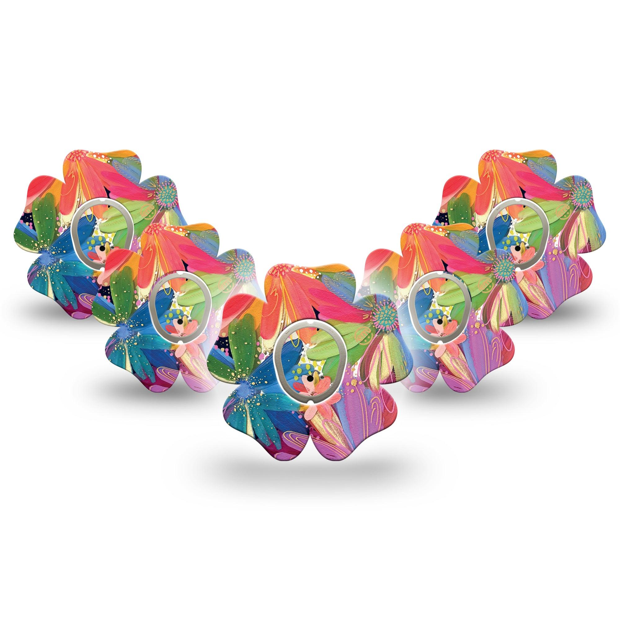 ExpressionMed Flower Song Dexcom G7 Flower Shape 5-Pack Colorful Abstract by Etta Vee Patch CGM Design, Dexcom Stelo Glucose Biosensor System with center stickers