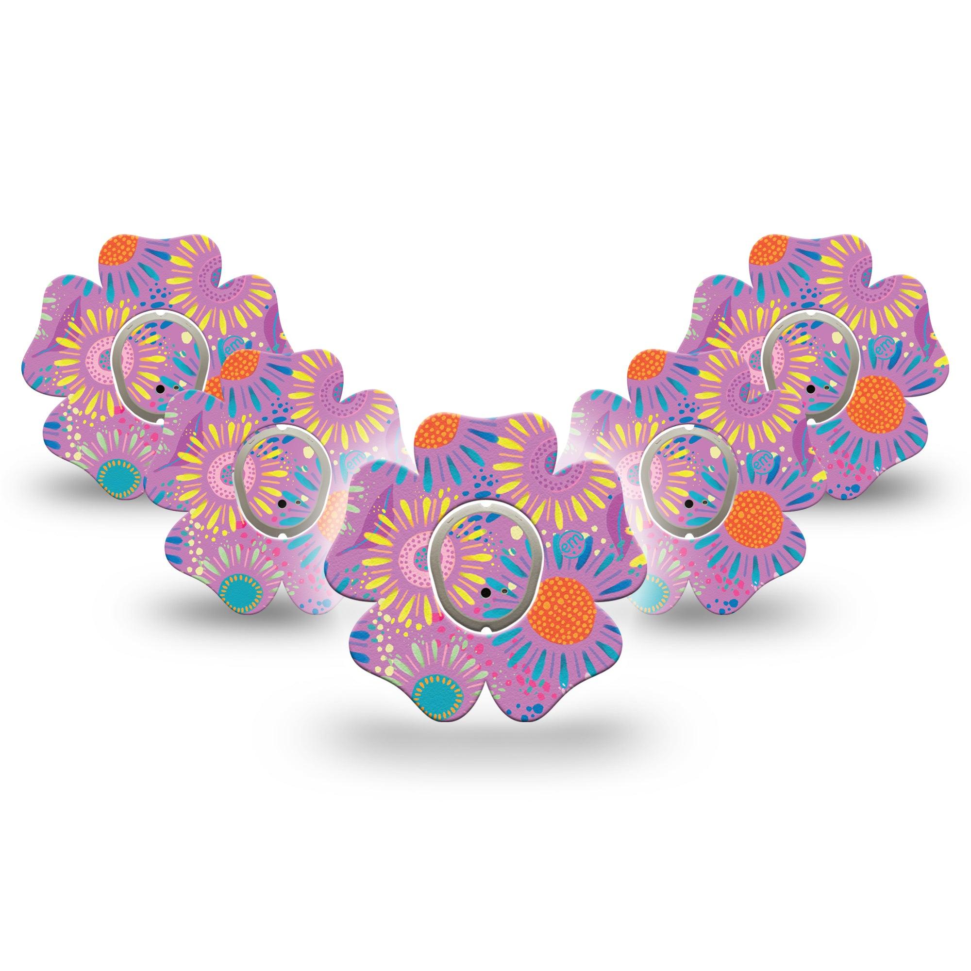 ExpressionMed Giant Daisies Dexcom G7 Flower Shape 5-Pack Colorful Abstract by Etta Vee Patch CGM Design, Dexcom Stelo Glucose Biosensor System with center stickers