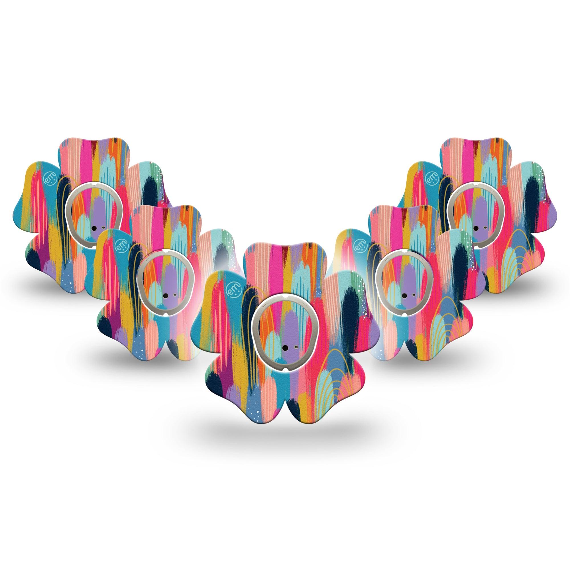 ExpressionMed Brush Strokes Dexcom G7 Flower Shape 5-Pack Vibrant Etta Vee Design Patch CGM Design, Dexcom Stelo Glucose Biosensor System with center stickers