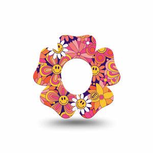ExpressionMed Groovy Dexcom G7, Dexcom Stelo Glucose Biosensor System, Flower Shape Tape Single orange and pink smiley faces Patch CGM Design