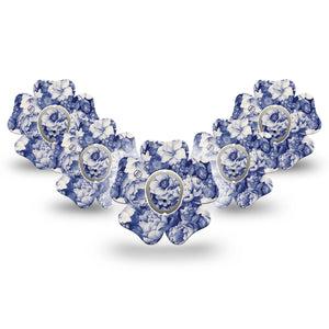 ExpressionMed Moody Blues Dexcom G7 Flower Shape Tape, Dexcom Stelo Glucose Biosensor System, 5-Pack Tape and 5-Pack Sticker Stony Blue Florals, Plaster CGM Design