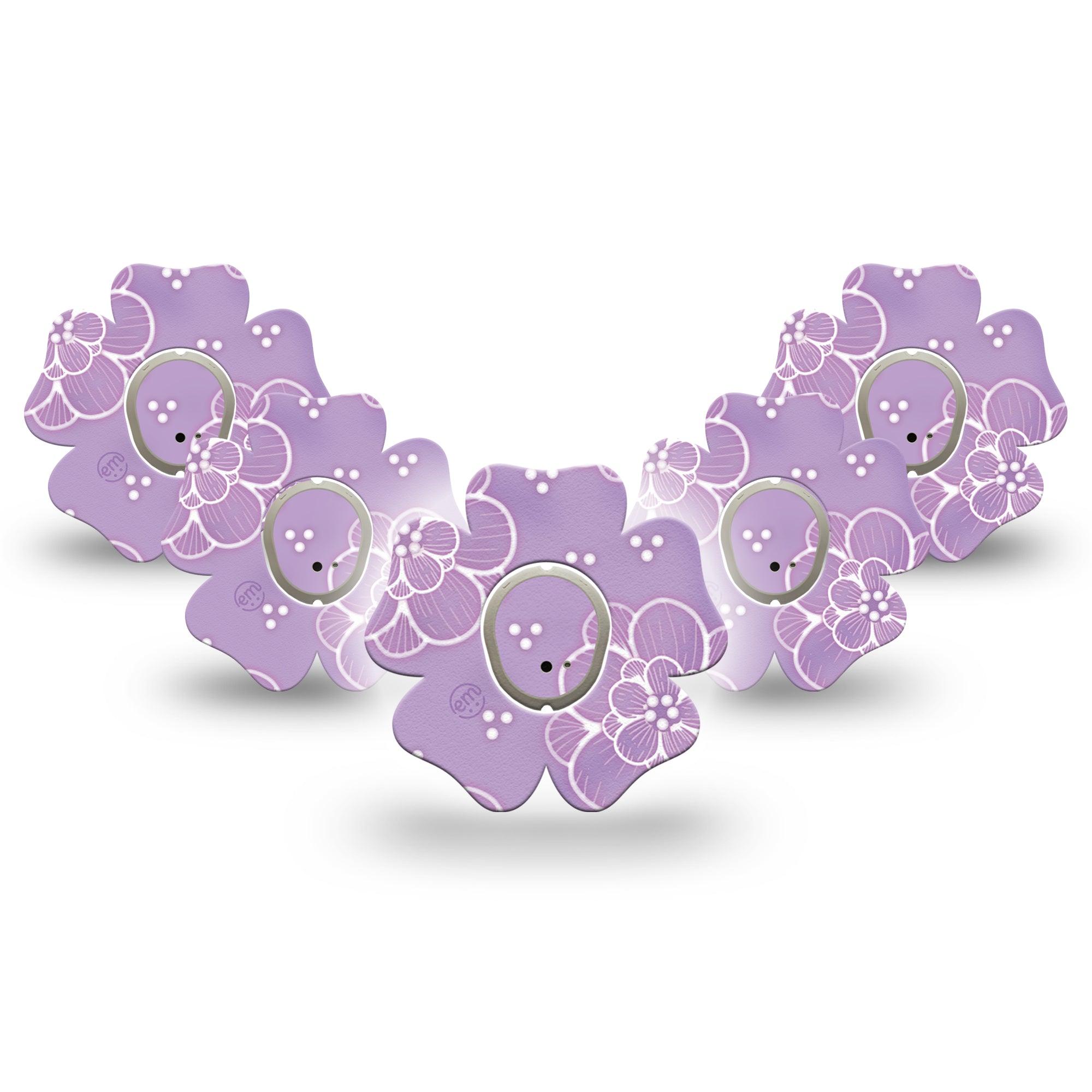 ExpressionMed Purple Flowers Dexcom G7 Flower Shape Tape, Dexcom Stelo Glucose Biosensor System, 5-Pack Tape and 5-Pack Sticker Delicate Lavender Blossoms, Plaster CGM Design