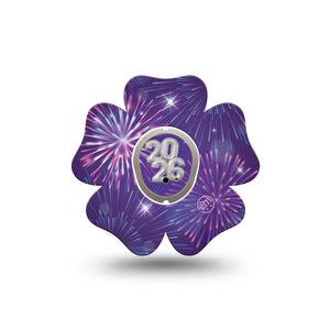 ExpressionMed New Years Celebration Dexcom G7 Flower Shape Tape, Dexcom Stelo Glucose Biosensor System, Single Tape and Single Sticker Purple Firework Celebration, Plaster CGM Design