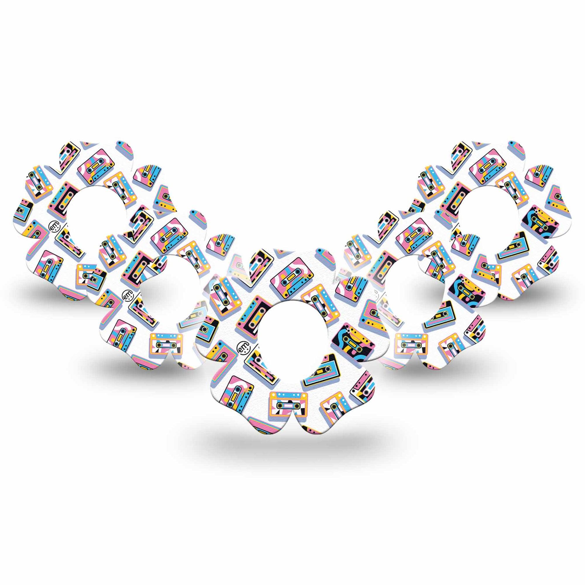 ExpressionMed Vintage Music Tapes Dexcom G7 Flower Shape Tape, Dexcom Stelo Glucose Biosensor System, 5-Pack Tape Neon Cassette Tapes, Adhesive Tape CGM Design