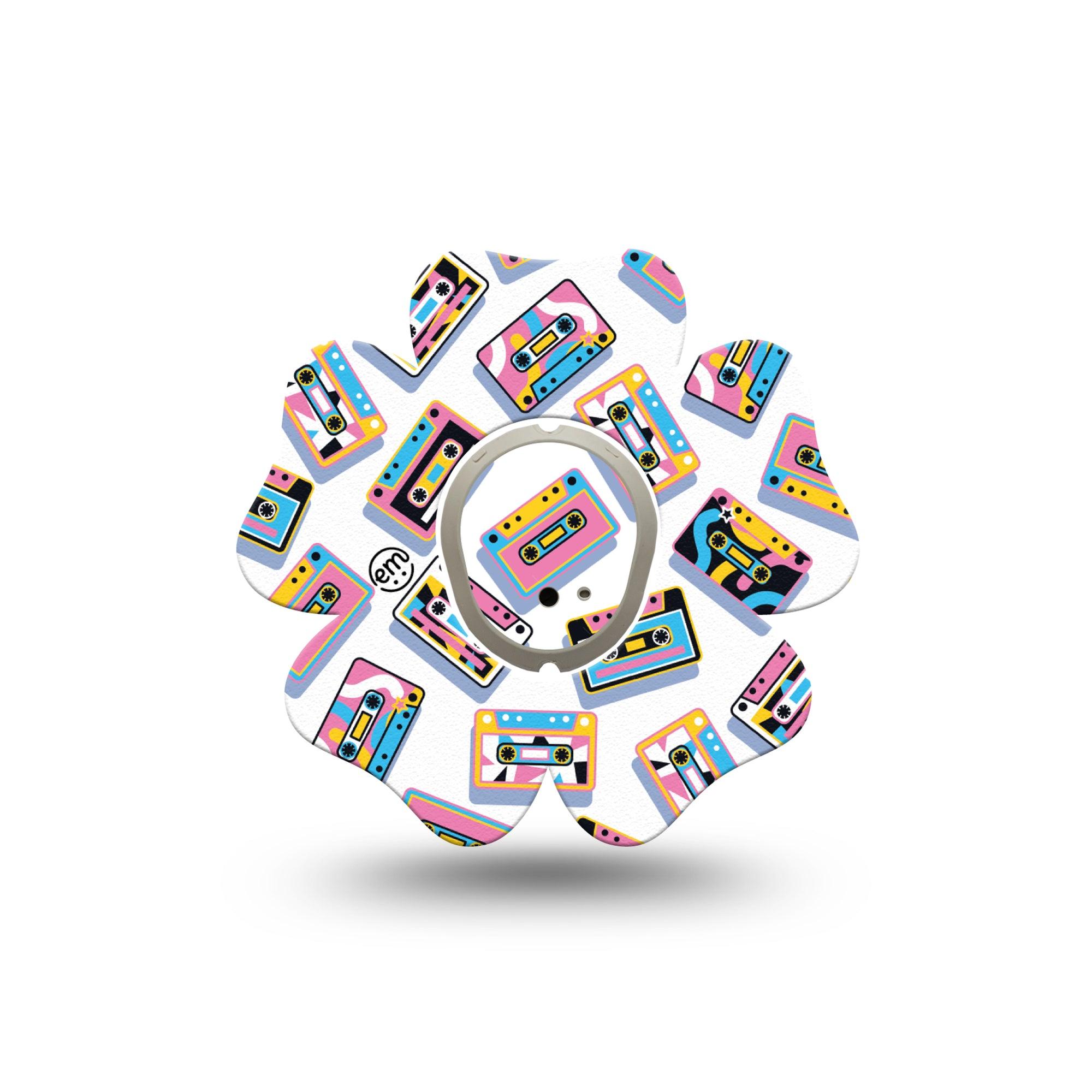 ExpressionMed Vintage Music Tapes Dexcom G7 Flower Shape Tape, Dexcom Stelo Glucose Biosensor System, Single Tape and Single Sticker Bright Cassette Pattern, Adhesive Tape CGM Design