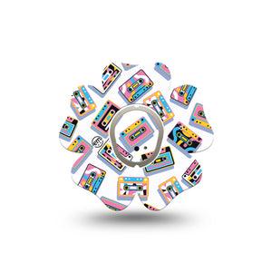ExpressionMed Vintage Music Tapes Dexcom G7 Flower Shape Tape, Dexcom Stelo Glucose Biosensor System, Single Tape and Single Sticker Bright Cassette Pattern, Adhesive Tape CGM Design
