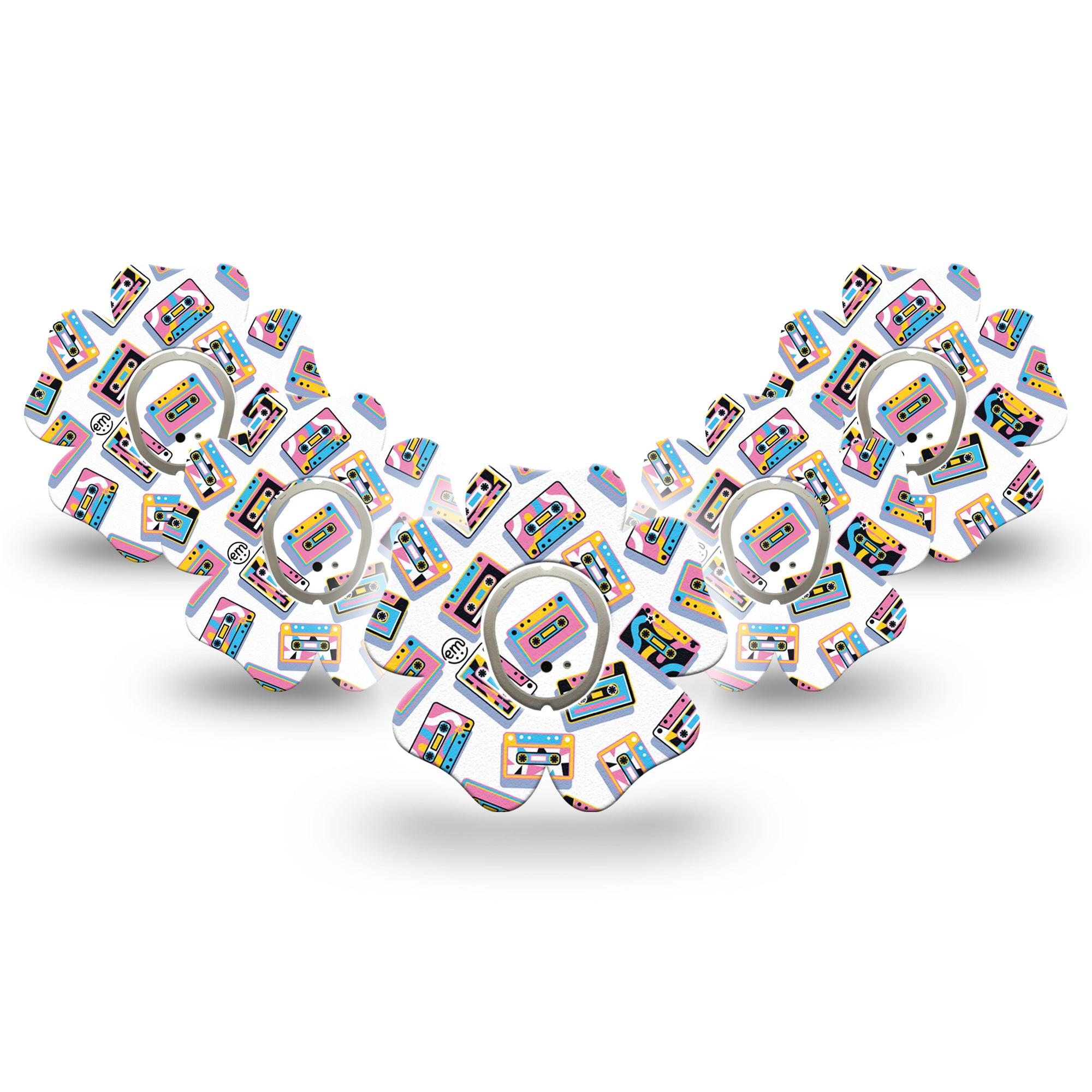 ExpressionMed Vintage Music Tapes Dexcom G7 Flower Shape Tape, Dexcom Stelo Glucose Biosensor System, 5-Pack Tape and 5-Pack Sticker Funky Bright Music Tapes, Adhesive Tape CGM Design