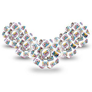 ExpressionMed Vintage Music Tapes Dexcom G7 Flower Shape Tape, Dexcom Stelo Glucose Biosensor System, 5-Pack Tape and 5-Pack Sticker Funky Bright Music Tapes, Adhesive Tape CGM Design