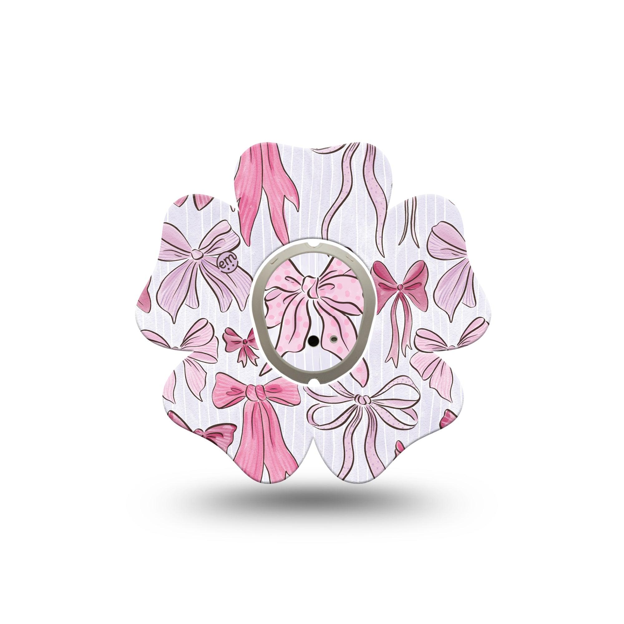 ExpressionMed Bows and Ribbons Dexcom G7 Flower Shape Tape, Dexcom Stelo Glucose Biosensor System, Single Tape and Single Sticker Lovely Light Pink Ribbon Bow Print, Adhesive Tape CGM Design