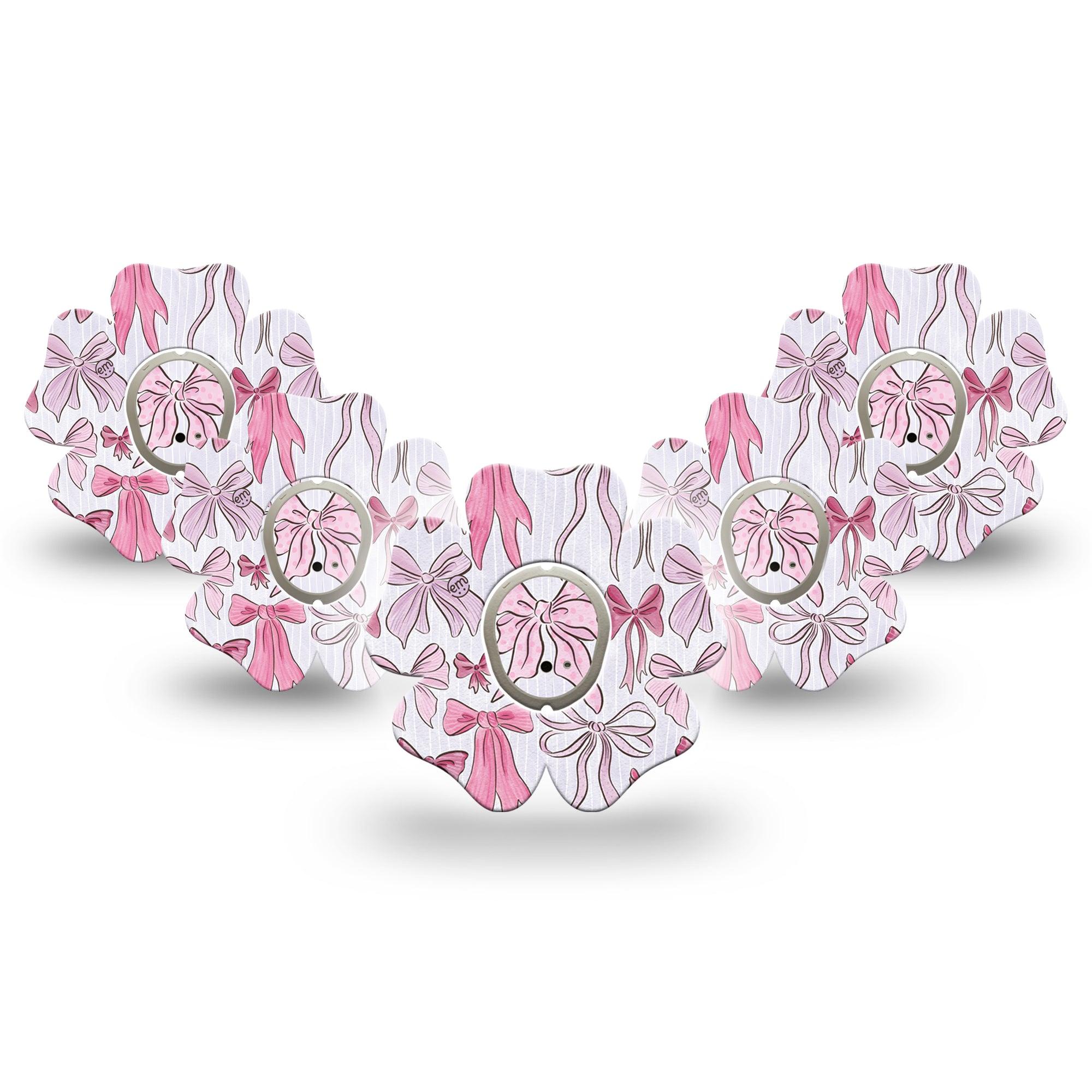 ExpressionMed Bows and Ribbons Dexcom G7 Flower Shape Tape, Dexcom Stelo Glucose Biosensor System, 5-Pack Tape and 5-Pack Sticker Pink Stripes And Ribbon Bows, Adhesive Tape CGM Design