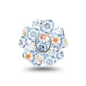 ExpressionMed Blue and Yellow Tile Dexcom G7 Flower Shape Tape, Dexcom Stelo Glucose Biosensor System, Single Tape and Single Sticker Airy Blue Floral Tiles, Adhesive Tape CGM Design