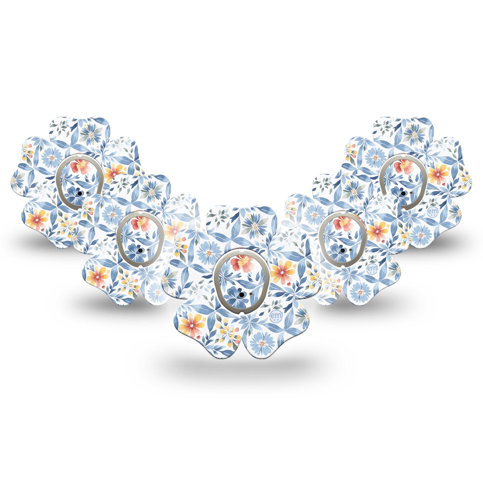 ExpressionMed Blue and Yellow Tile Dexcom G7 Flower Shape Tape, Dexcom Stelo Glucose Biosensor System, 5-Pack Tape and 5-Pack Sticker Spring Floral Porcelain Tile Inspired, Adhesive Tape CGM Design