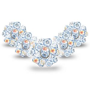 ExpressionMed Blue and Yellow Tile Dexcom G7 Flower Shape Tape, Dexcom Stelo Glucose Biosensor System, 5-Pack Tape and 5-Pack Sticker Spring Floral Porcelain Tile Inspired, Adhesive Tape CGM Design