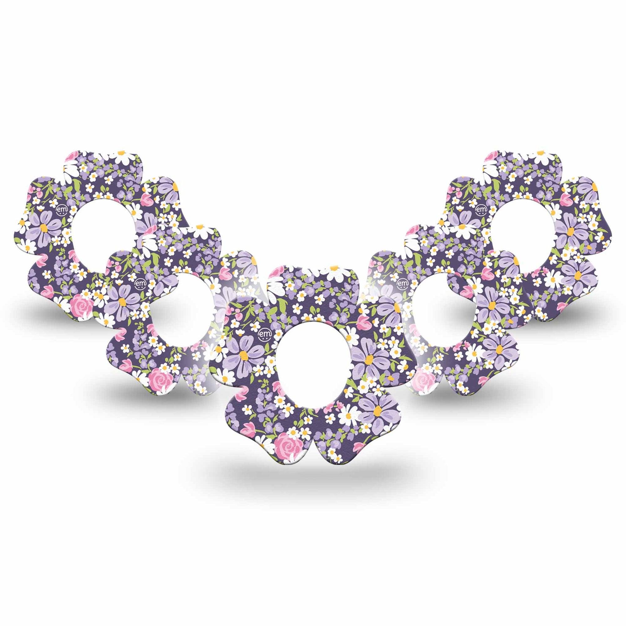 ExpressionMed Purple and Pink Flowers Dexcom G7 Flower Shape Tape, Dexcom Stelo Glucose Biosensor System, 5-Pack Tape Girly Lavender Pink Flower Print, Plaster CGM Design