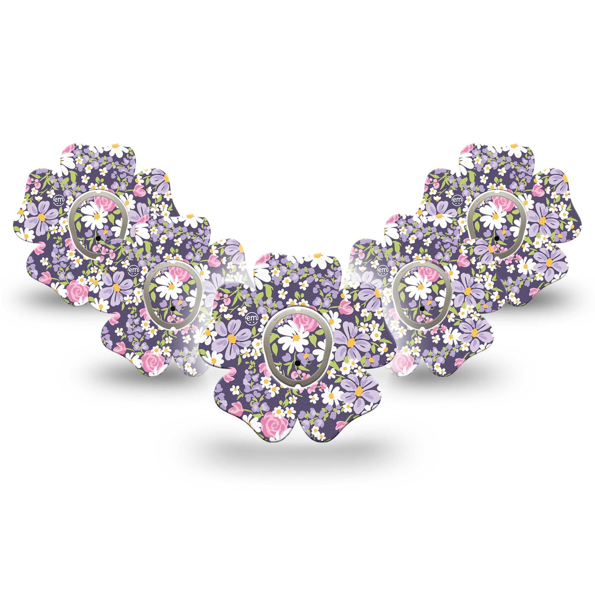 ExpressionMed Purple and Pink Flowers Dexcom G7 Flower Shape Tape, Dexcom Stelo Glucose Biosensor System, 5-Pack Tape and 5-Pack Sticker Girly Lavender Pink Flower Print, Plaster CGM Design