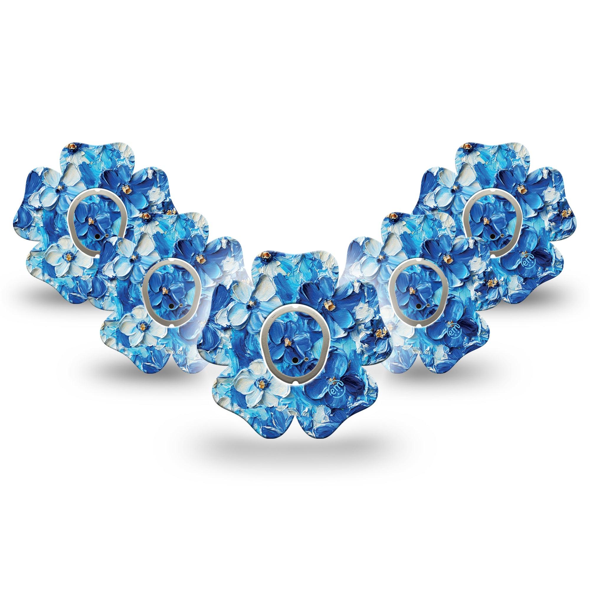 ExpressionMed Blue Paint Dexcom G7 Flower Shape Tape, Dexcom Stelo Glucose Biosensor System, 5-Pack Tape and 5-Pack Sticker Acrylic Textured Blue Flowers, Overlay Patch CGM Design