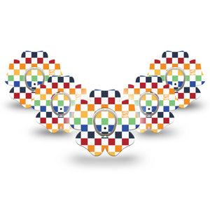 ExpressionMed Rainbow Checkerboard Dexcom G7 Flower Shape Tape, Dexcom Stelo Glucose Biosensor System, 5-Pack Tape and 5-Pack Sticker Fun Checkerboard, Adhesive Tape CGM Design