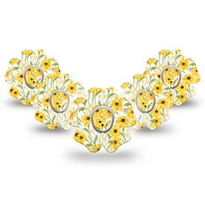 ExpressionMed Yellow Mosaic Floral Dexcom G7 Flower Shape Tape, Dexcom Stelo Glucose Biosensor System, 5-Pack Tape and 5-Pack Sticker Mustard Yellow Flower Plants, Adhesive Tape CGM Design