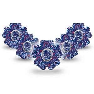 ExpressionMed Independence Paisley Dexcom G7 Flower Shape Tape, Dexcom Stelo Glucose Biosensor System, 5-Pack Tape and 5-Pack Sticker Blue Red White Paisley Print, Adhesive Tape CGM Design