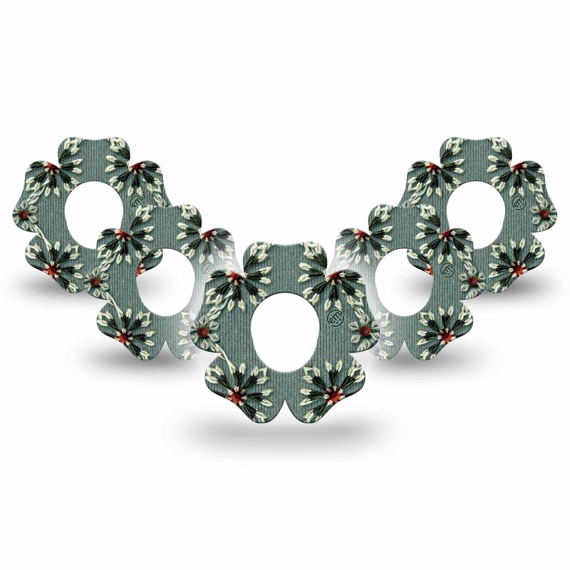 ExpressionMed Green Embroidery Dexcom G7 Flower Shape Tape, Dexcom Stelo Glucose Biosensor System, 5-Pack Tape Muted Green Knit Florals, Adhesive Tape CGM Design