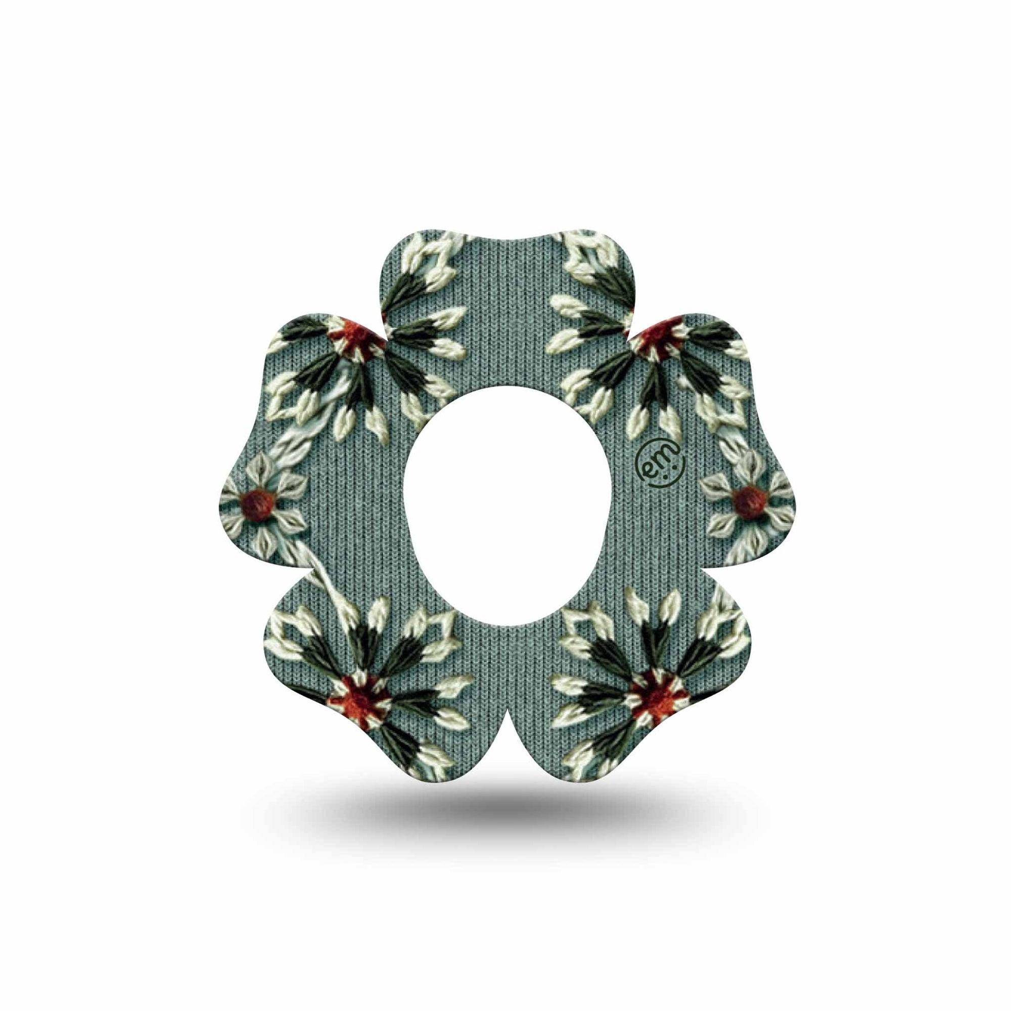 ExpressionMed Green Embroidery Dexcom G7 Flower Shape Tape, Dexcom Stelo Glucose Biosensor System, Single Tape Threaded Textile Print, Plaster CGM Design