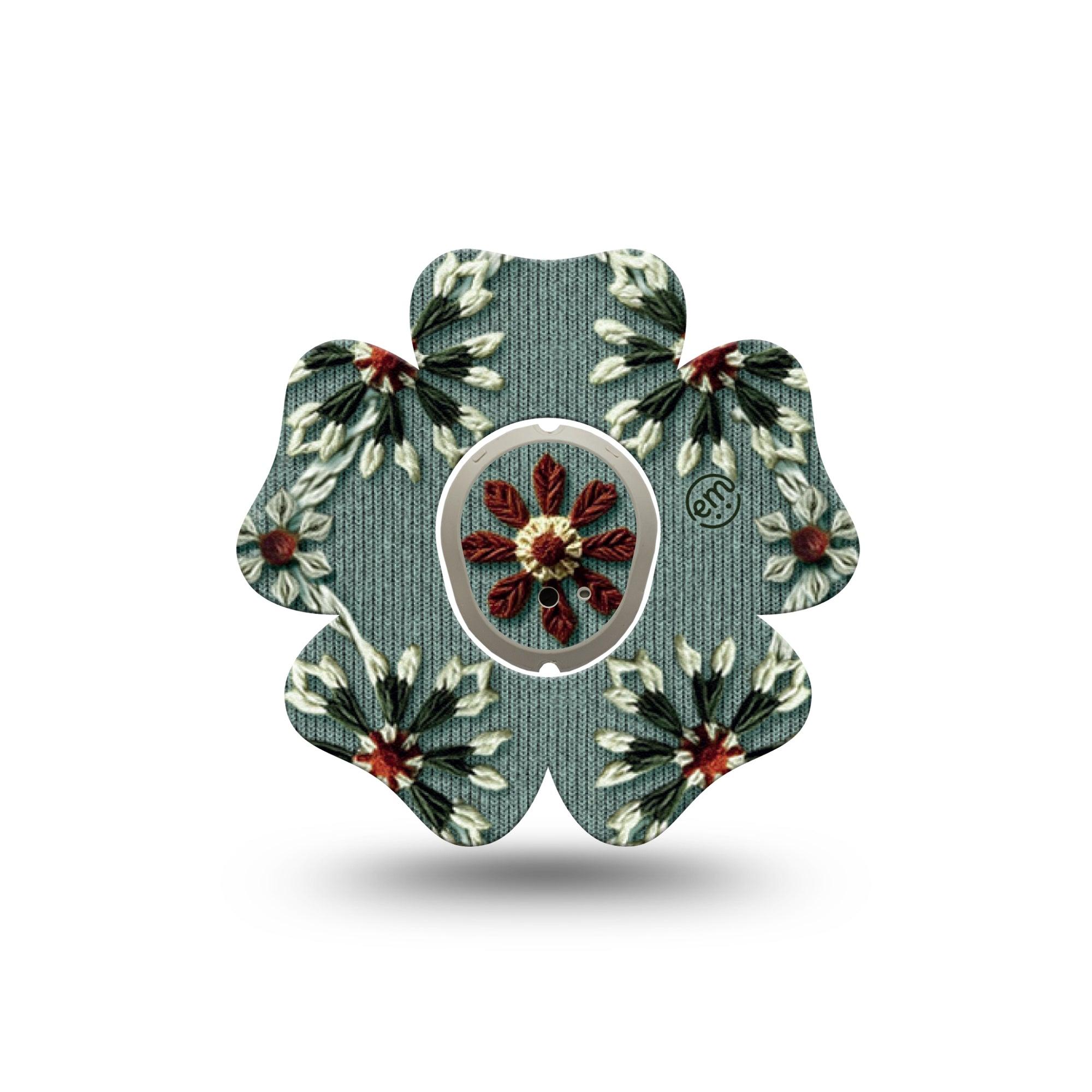 ExpressionMed Green Embroidery Dexcom G7 Flower Shape Tape, Dexcom Stelo Glucose Biosensor System, Single Tape and Single Sticker Threaded Textile Print, Plaster CGM Design