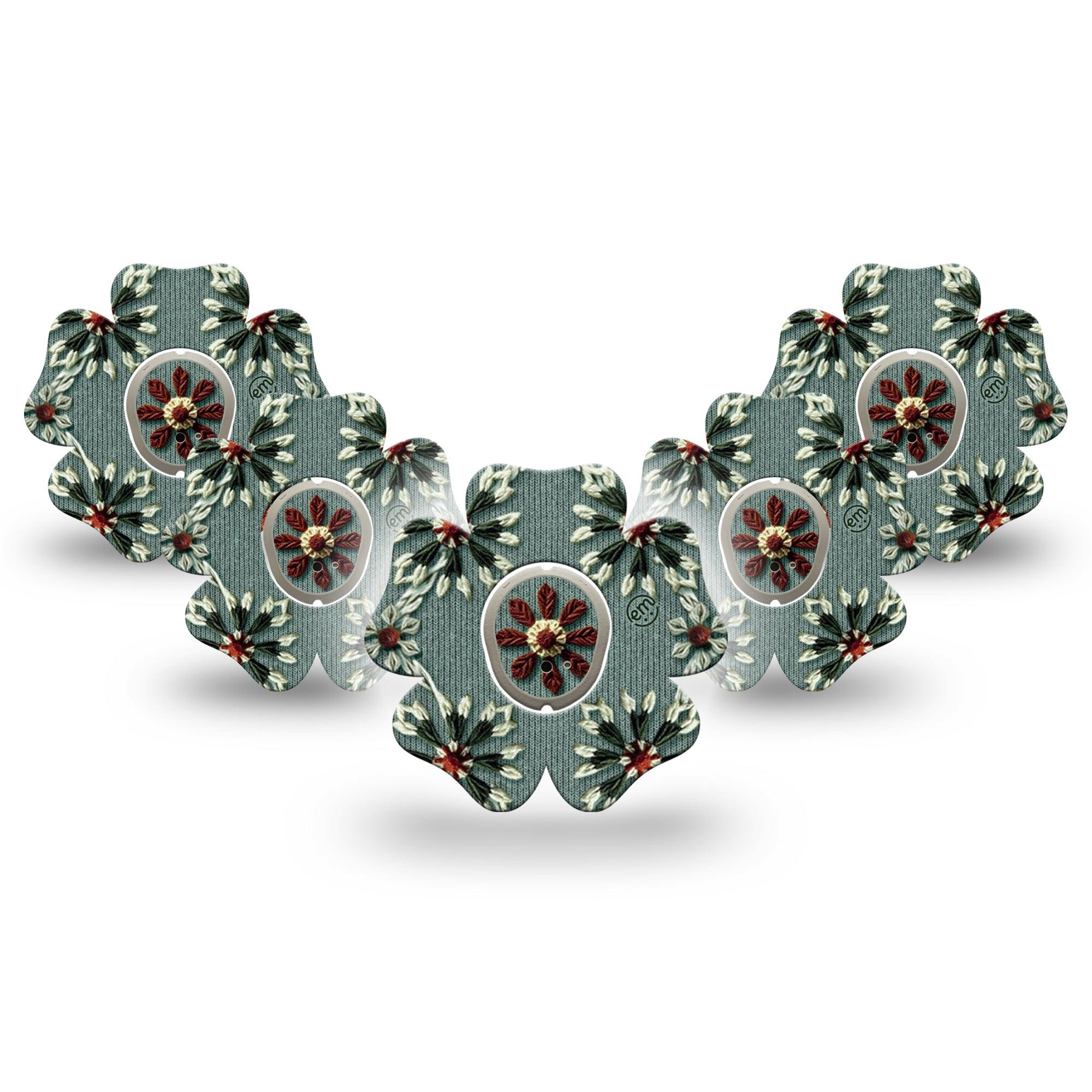 ExpressionMed Green Embroidery Dexcom G7 Flower Shape Tape, Dexcom Stelo Glucose Biosensor System, 5-Pack Tape and 5-Pack Sticker Muted Green Knit Florals, Adhesive Tape CGM Design