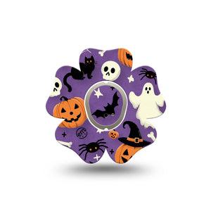 ExpressionMed Happy Halloween Dexcom G7 Flower Shape Tape, Dexcom Stelo Glucose Biosensor System, Single Tape and Single Sticker Purple Backdrop Halloween Theme Adhesive Tape CGM Design