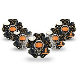 ExpressionMed Art Deco Halloween Dexcom G7 Flower Shape Tape, Dexcom Stelo Glucose Biosensor System, 5-Pack Tape and 5-Pack Sticker Spooky Art Deco Inspired, Adhesive Tape CGM Design