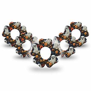 ExpressionMed Embroidered Ghost Dexcom G7 Flower Shape Tape, Dexcom Stelo Glucose Biosensor System, 5-Pack Tape Threaded Ghosts and Florals, Adhesive Tape CGM Design