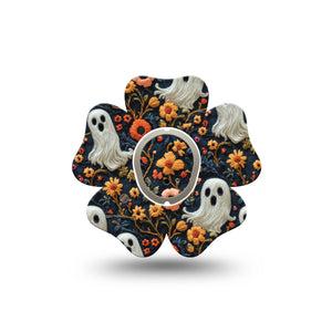 ExpressionMed Embroidered Ghost Dexcom G7 Flower Shape Tape, Dexcom Stelo Glucose Biosensor System, Single Tape and Single Sticker Fall Flowers Ghost Inspired, Plaster CGM Design