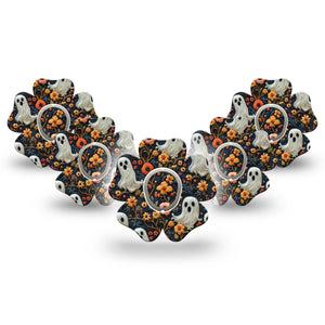 ExpressionMed Embroidered Ghost Dexcom G7 Flower Shape Tape, Dexcom Stelo Glucose Biosensor System, 5-Pack Tape and 5-Pack Sticker Threaded Ghosts and Florals, Adhesive Tape CGM Design