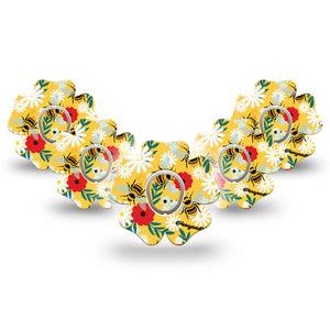 ExpressionMed Bees and Flowers Dexcom G7 Flower Shape Tape, Dexcom Stelo Glucose Biosensor System, 5-Pack Tape and 5-Pack Sticker Yellow Garden Floral Plaster CGM Design