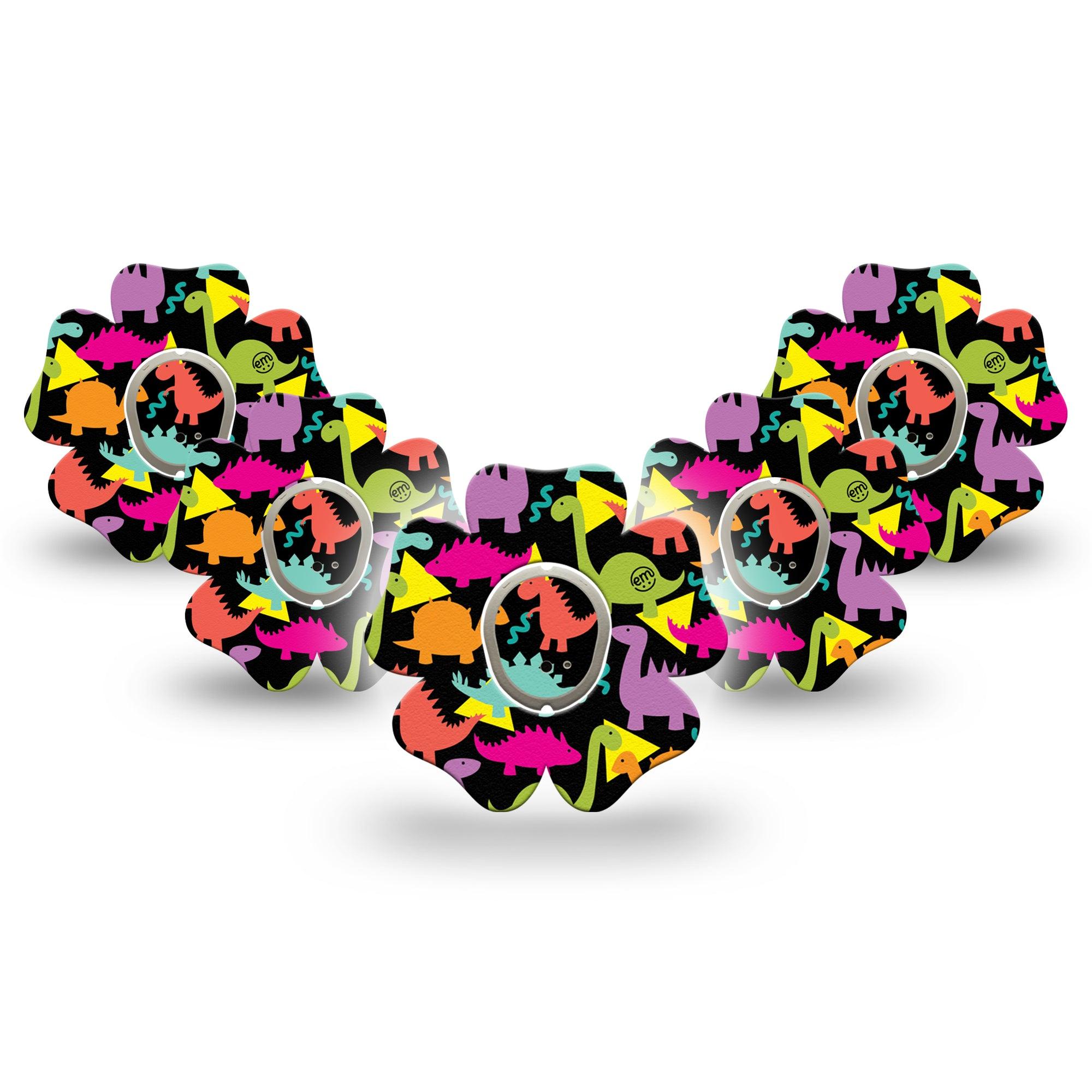 ExpressionMed Delightful Dinos Dexcom G7 Flower Shape Tape, Dexcom Stelo Glucose Biosensor System, 5-Pack Tape and 5-Pack Sticker Fun Fossils, Adhesive Tape CGM Design