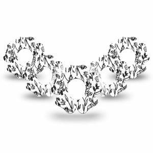 ExpressionMed Custom Black and White Floral Dexcom G7 Flower Shape Tape, Dexcom Stelo Glucose Biosensor System, 5-Pack Tape Floral Artwork Plaster CGM Design