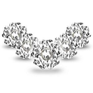 ExpressionMed Custom Black and White Floral Dexcom G7 Flower Shape Tape, Dexcom Stelo Glucose Biosensor System, 5-Pack Tape and 5-Pack Sticker Unique Blossoms Plaster CGM Design