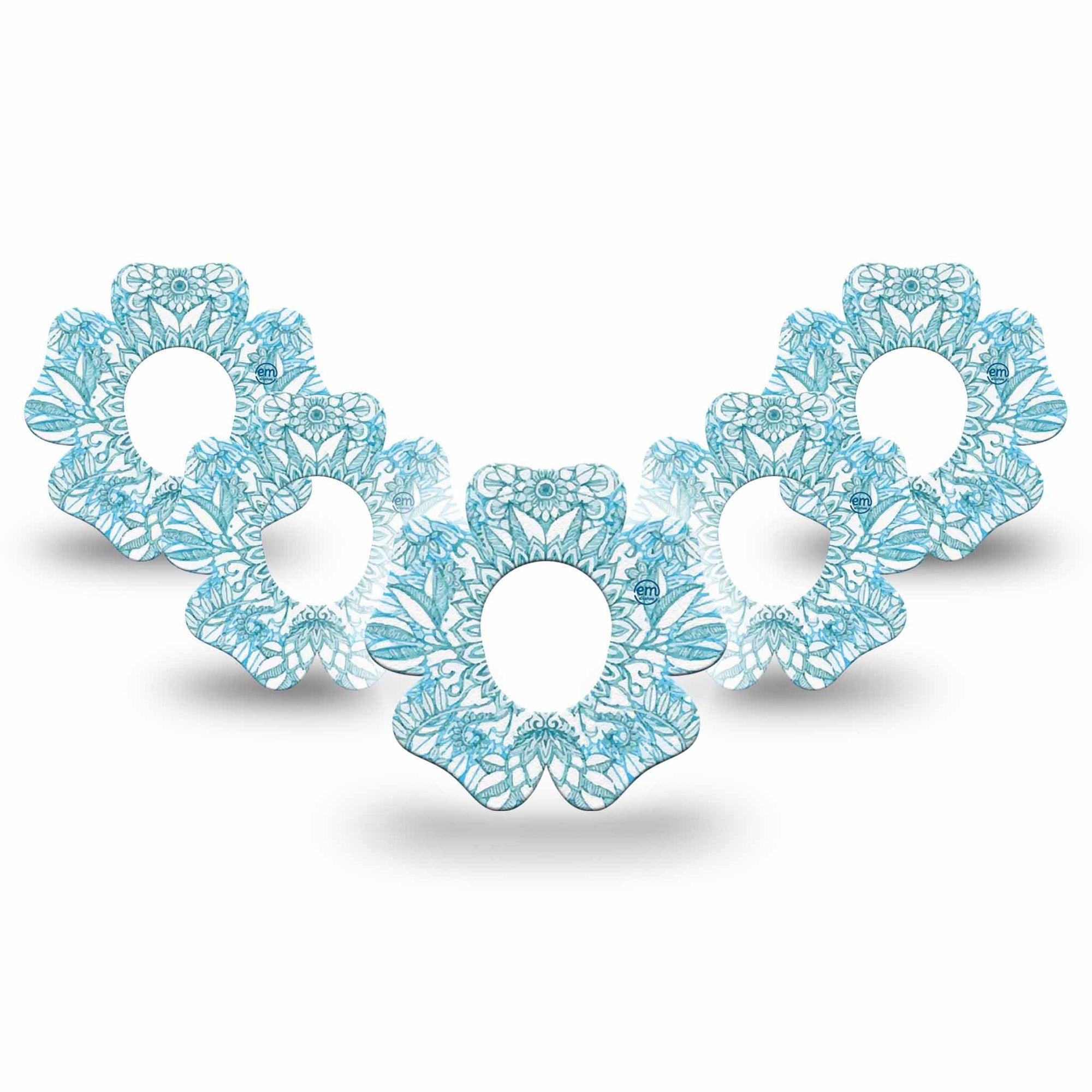 ExpressionMed Aqua Floral Dexcom G7 Flower Shape Tape, Dexcom Stelo Glucose Biosensor System, 5-Pack Tape and 5-Pack Sticker Blue Blossoms Adhesive Tape CGM Design