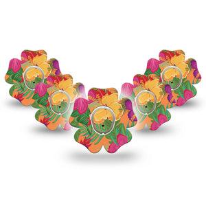 ExpressionMed Bright Hibiscus Dexcom G7 Flower Shape Tape, Dexcom Stelo Glucose Biosensor System, 5-Pack Tape and 5-Pack Sticker Exotic Blossom Plaster CGM Design