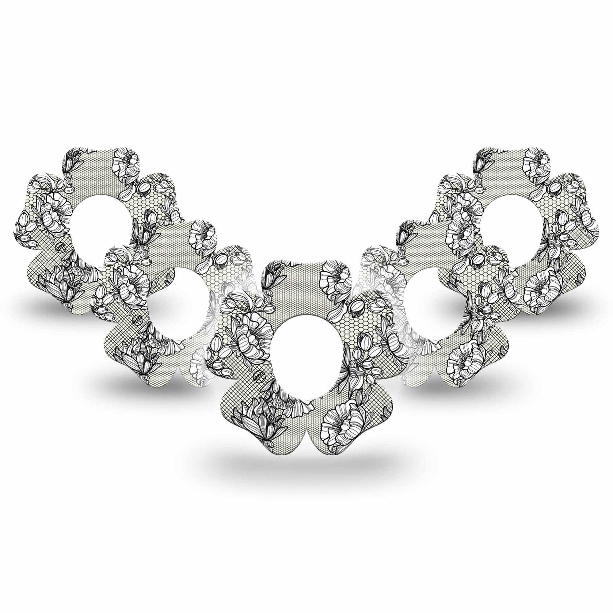 ExpressionMed Black Lace Dexcom G7 Flower Shape Tape, Dexcom Stelo Glucose Biosensor System, 5-Pack Tape Timeless Elegance, Adhesive Tape CGM Design