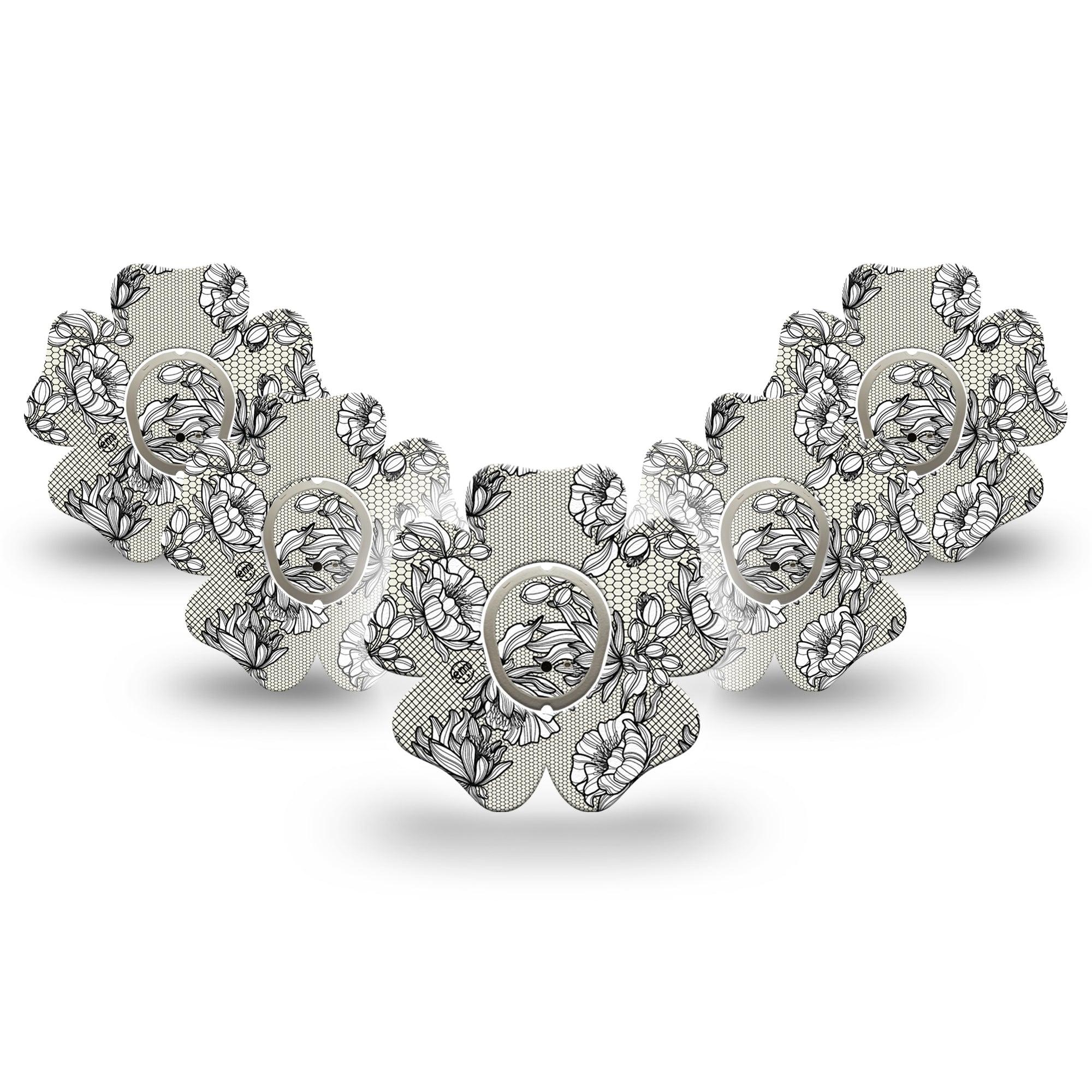 ExpressionMed Black Lace Dexcom G7 Flower Shape Tape, Dexcom Stelo Glucose Biosensor System, 5-Pack Tape and 5-Pack Sticker Stylish Pattern, Adhesive Tape CGM Design