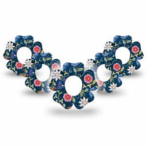 ExpressionMed Floral Folklore Dexcom G7 Flower Shape Tape, Dexcom Stelo Glucose Biosensor System, 5-Pack Navy Backdrop Florals Adhesive Tape CGM Design