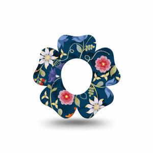 ExpressionMed Floral Folklore Dexcom G7 Flower Shape Tape, Dexcom Stelo Glucose Biosensor System, Single bright white and red flowers on a blue background Adhesive Tape CGM Design