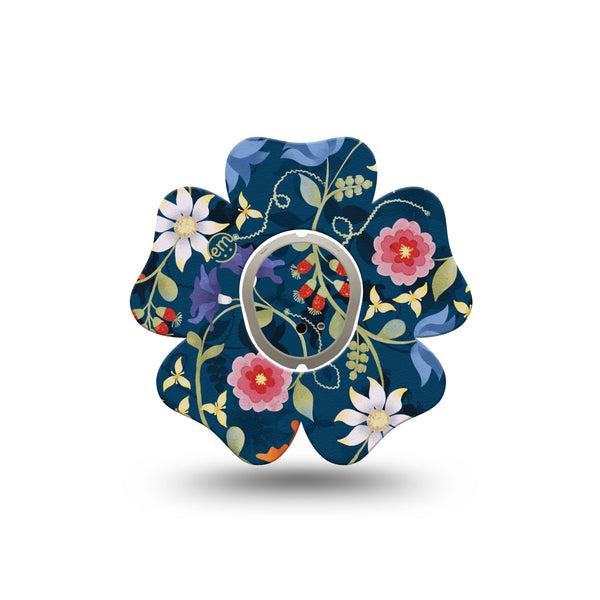 ExpressionMed Floral Folklore Dexcom G7 Flower Shape Tape, Dexcom Stelo Glucose Biosensor System, Single Tape and Single Sticker Navy Backdrop Florals  CGM Design