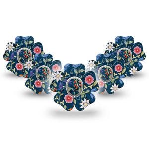 ExpressionMed Floral Folklore Dexcom G7 Flower Shape Tape, Dexcom Stelo Glucose Biosensor System, 5-Pack Tape and 5-Pack Sticker Woodsy Floral Design with Blue Background  CGM Design