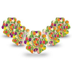 ExpressionMed Flower Tulips Dexcom G7 Tape, 5-Pack, Spring Tulips Themed, CGM Overlay Patch Design, Dexcom Stelo Glucose Biosensor System with Center Stickers