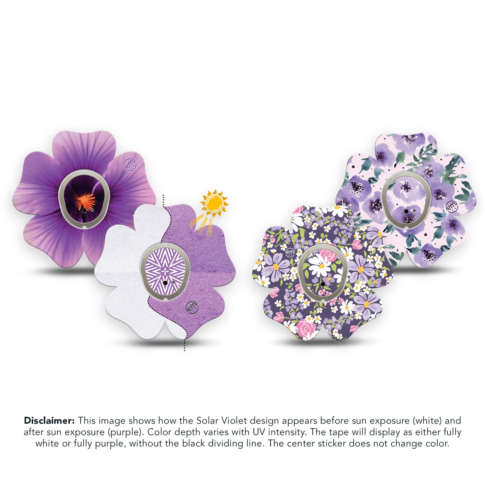 ExpressionMed Purple Hues Variety Pack Dexcom G7 Flower Shape Tape, Dexcom Stelo Glucose Biosensor System, 4-Pack Tape and 4-Pack Stickers Variety Light-Reactive Purple, Plaster CGM Design